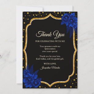 Royal Blue Gold Floral Quinceanera Thank You Card