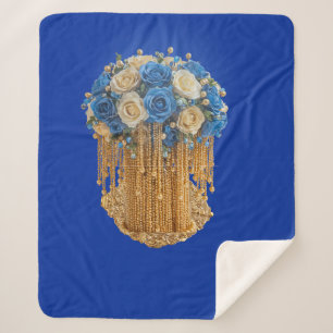 Royal Blue & Gold Floral —Sherpa Blanket