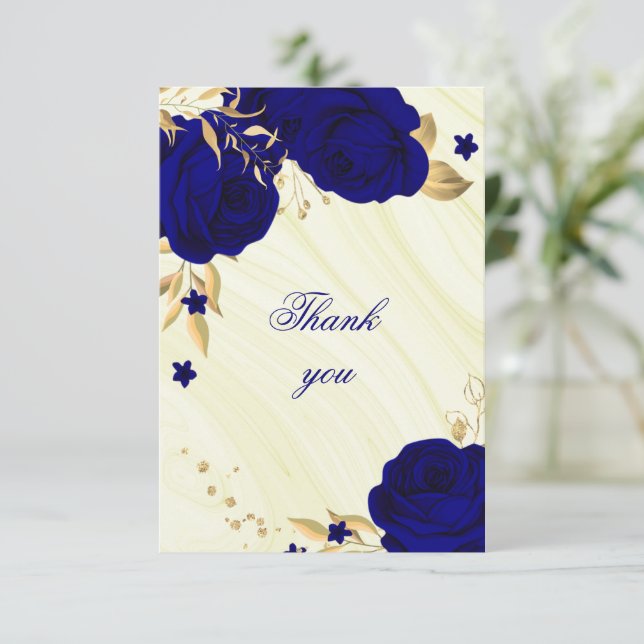 royal blue gold floral thank you card (Standing Front)