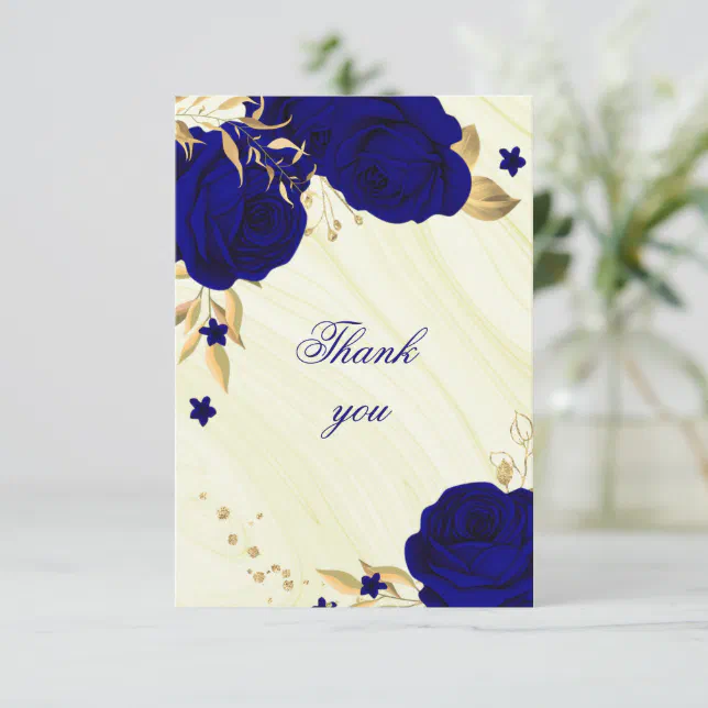 royal blue gold floral thank you card | Zazzle