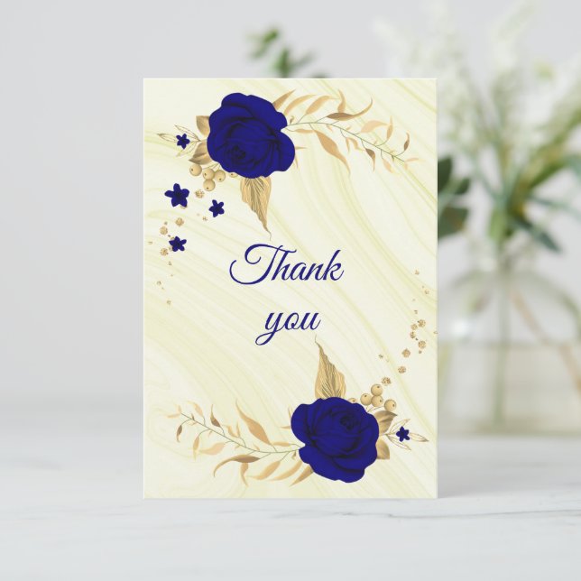 royal blue gold floral thank you card (Standing Front)
