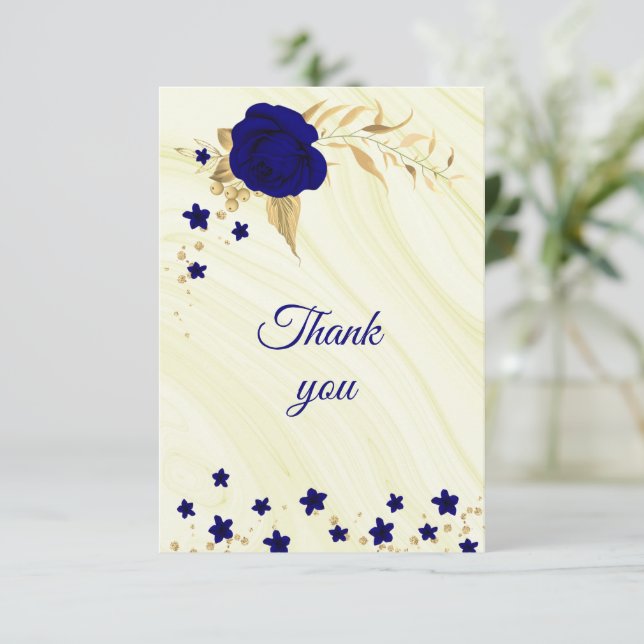 royal blue gold floral thank you card (Standing Front)