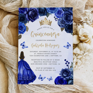Royal Blue Gold Floral Watercolor Quinceañera Invitation