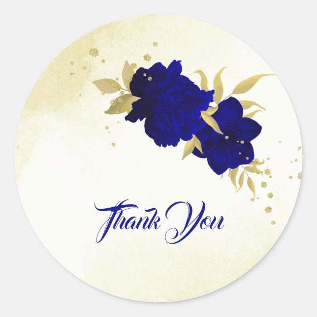 royal blue gold floral wedding classic round sticker (Front)