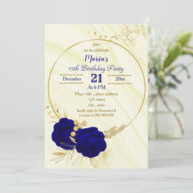 royal blue gold floral wreath birthday party invitation (Standing Front)