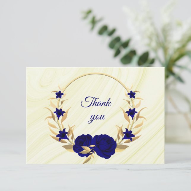 royal blue gold floral wreath thank you card (Standing Front)