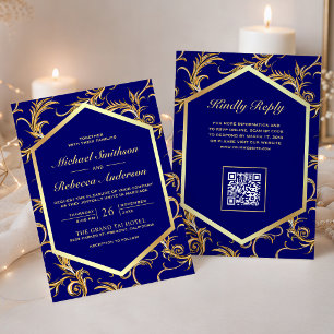 Royal Blue Gold Flourish Swirl QR Code Wedding Invitation
