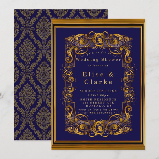 Royal Blue Gold Flourish Wedding Shower Invites (Front/Back)