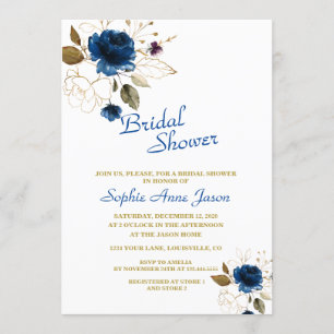 Royal Blue Gold Flowers Monogram Bridal Shower Invitation