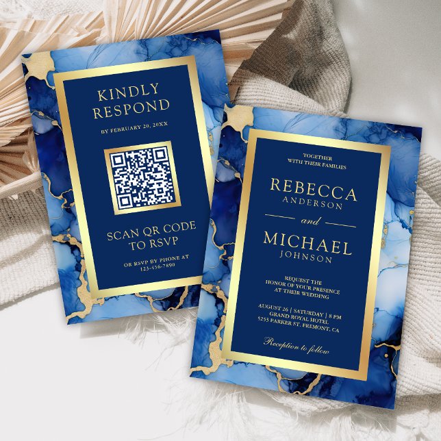 Royal Blue Gold Fluid Ink QR Code Wedding Invitation (Creator Uploaded)