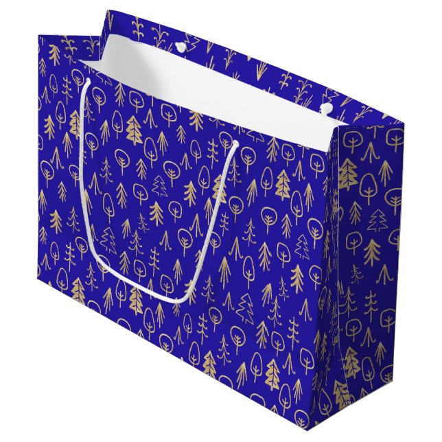 Royal Blue Gold Foil Forest Pattern Large Gift Bag (Front Angled)