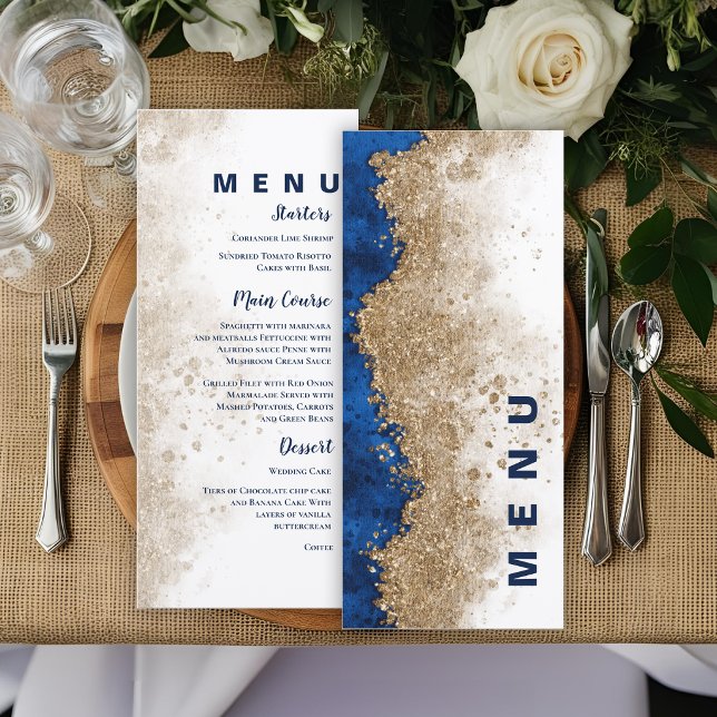 Royal Blue Gold Formal Luxury Wedding Reception  Menu (Royal Blue Gold Wedding Menu Card | Elegant Blue and Gold Reception Menu)