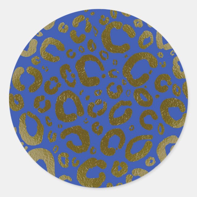 Royal Blue & Gold Glam Leopard Print Party Classic Round Sticker (Front)