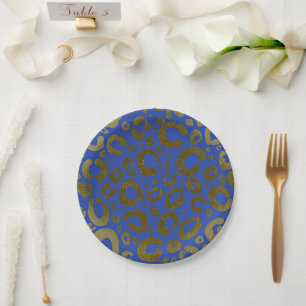 Royal Blue & Gold Glam Leopard Print Party Paper Plate