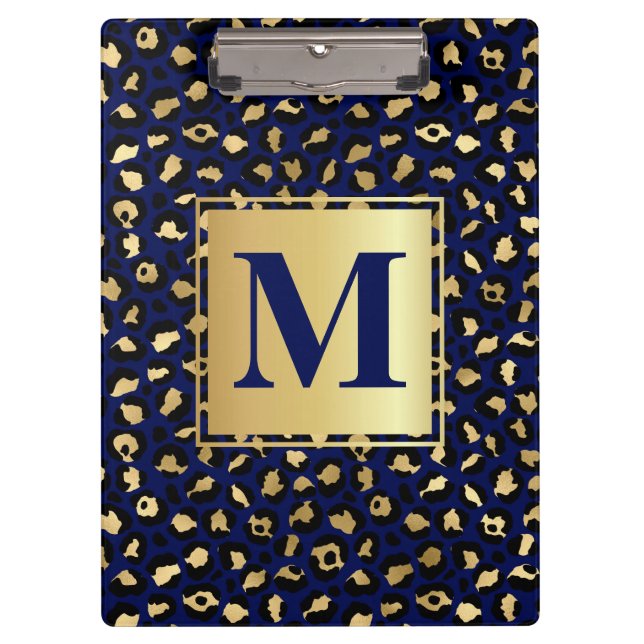 Royal Blue & Gold Glam Leopard Spots Print Clipboard (Front)
