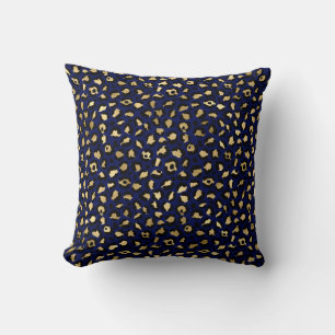Royal Blue & Gold Glam Leopard Spots Print Cushion