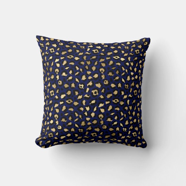 Royal Blue & Gold Glam Leopard Spots Print Cushion (Front)