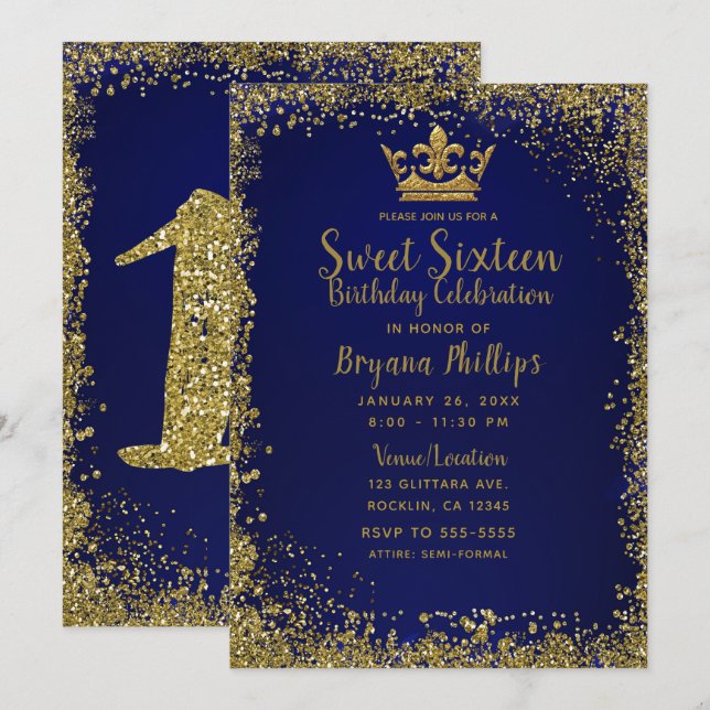 Royal Blue & Gold Glitter Crown Sweet 16 Party Invitation (Front/Back)