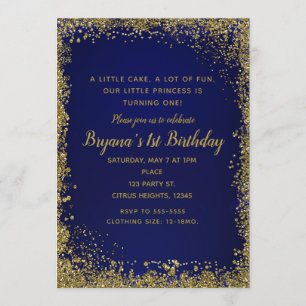 Royal Blue & Gold Glitter Glam 1ST Birthday Party Invitation