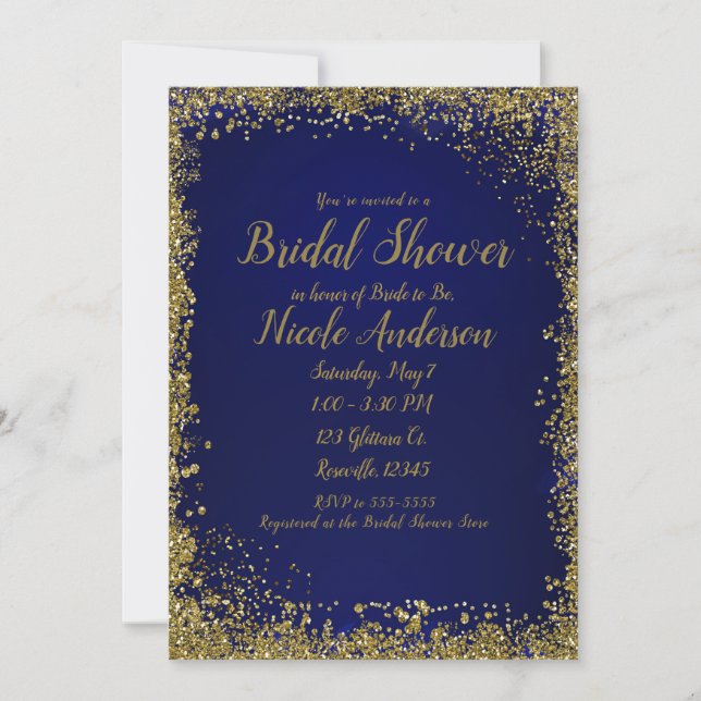 Royal Blue Gold Glitter Glam Modern Bridal Shower Invitation (Front)