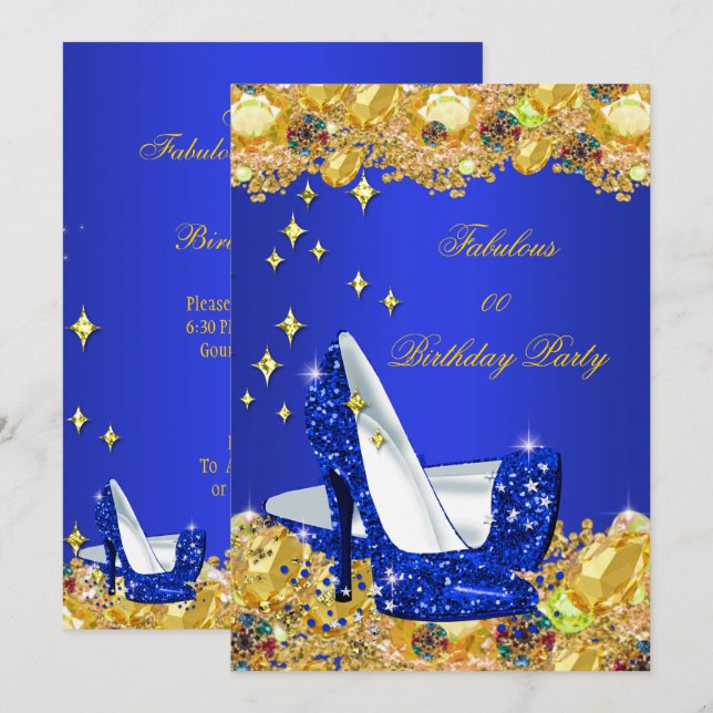 Royal Blue Gold Glitter High Heels Birthday Party Invitation (Front/Back)