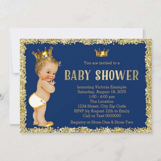 Royal Blue Gold Glitter Prince Baby Shower Invitation (Front)