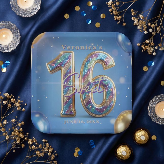 Royal Blue Gold Glitter Sparkle Sweet 16 Birthday Paper Plate (Creator Uploaded)