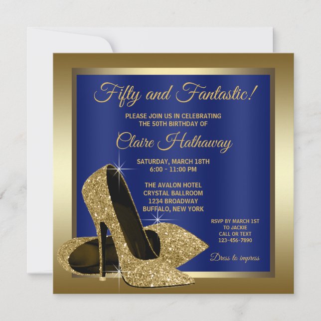 Royal Blue Gold High Heels Birthday Party Invitation (Front)