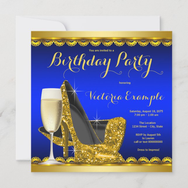Royal Blue Gold High Heels Birthday Party Invitation (Front)