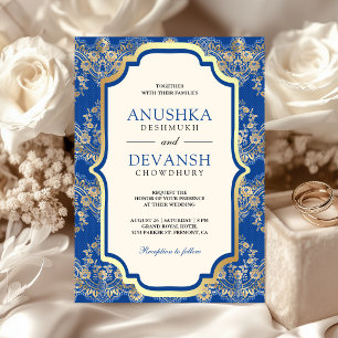 Royal Blue Gold Lace Indian Wedding Invitation