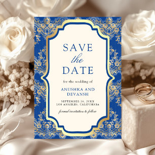 Royal Blue Gold Lace Indian Wedding Save The Date