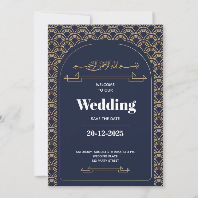 Royal Blue Gold Lace QR Code Muslim Wedding Invitation (Front)
