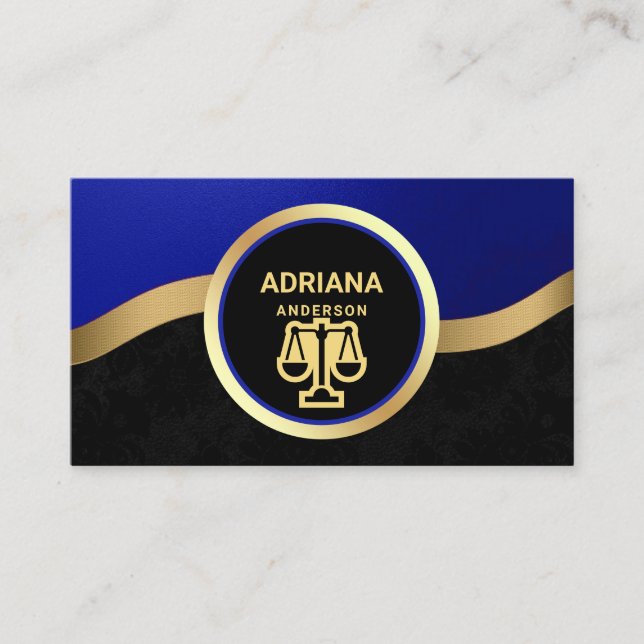 Royal Blue Gold Lawyer Justice Scale Attorney Business Card (Front)