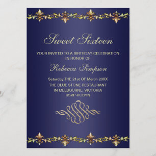 Royal Blue & Gold Leaf Birthday Invitation