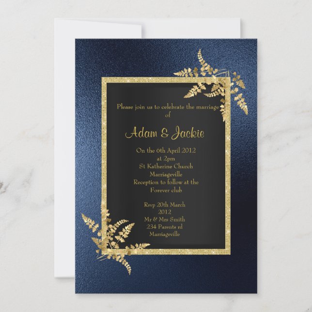 ROYAL BLUE gold leaf ELEGANT CLASSY WEDDING Invitation (Front)