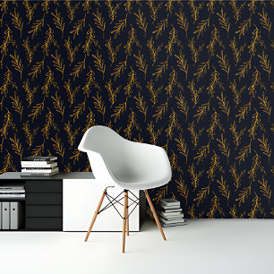 Royal Blue Gold leaves Botanical Pattern Wallpaper