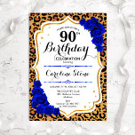 Royal Blue Gold Leopard Print 90th Birthday Invitation<br><div class="desc">90th Birthday Invitation. Elegant royal blue white design with faux glitter gold. Features leopard cheetah animal print,  script font and sapphire roses. Perfect for an elegant birthday party. Can be personalised into any year! Message me if you need further customisation.</div>