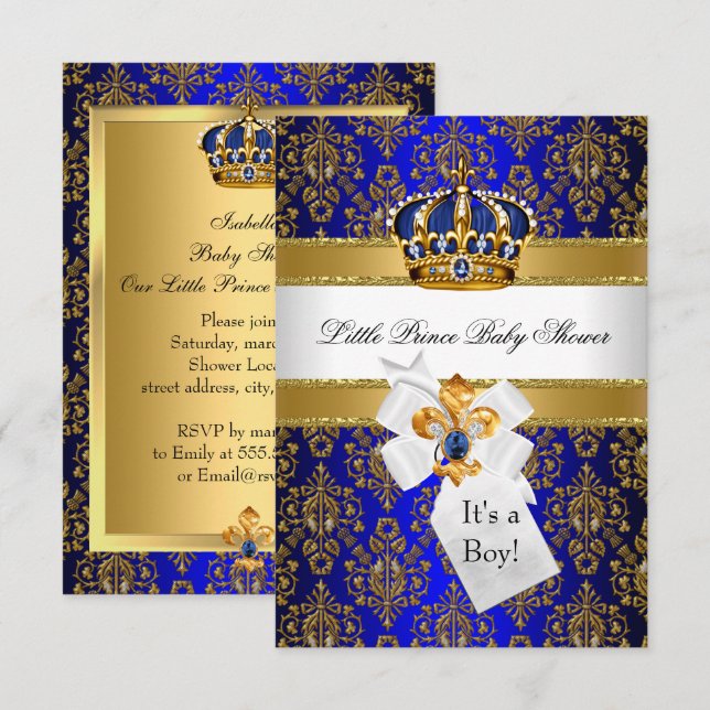 Royal Blue Gold Little Prince Crown Baby Shower Invitation (Front/Back)