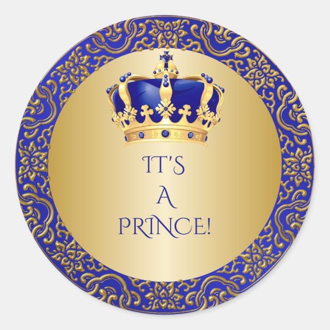 Royal Blue & Gold Little Prince Crown Classic Round Sticker (Front)