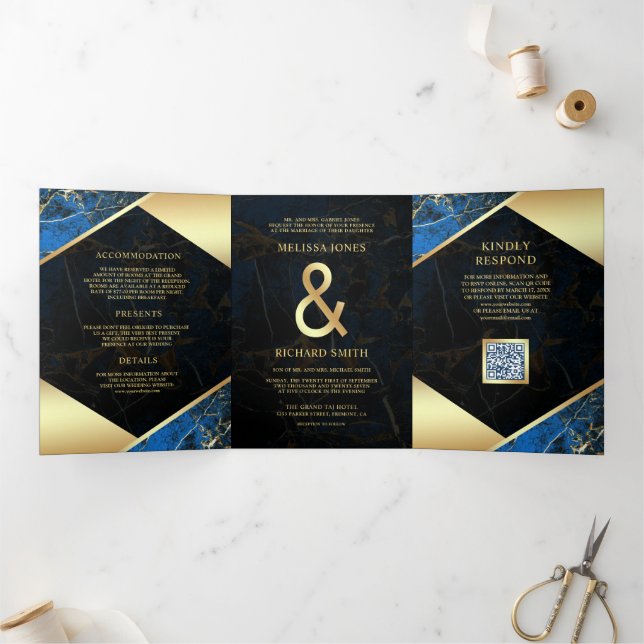 Royal Blue Gold Marble Ampersand QR Code Wedding Tri-Fold Invitation (Inside)