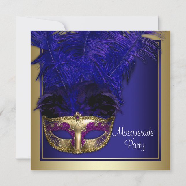 Royal Blue Gold Masquerade Party Invitations (Front)