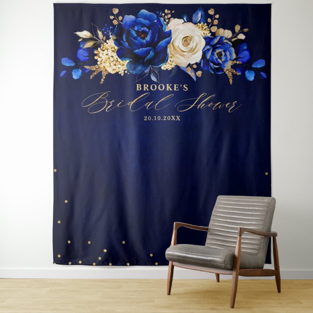 Royal Blue Gold Metallic Floral Bridal shower Tape Tapestry (In Situ)