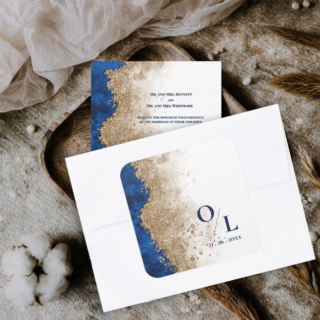 Royal Blue Gold Monogram Initials Wedding Envelope Square Sticker (Royal Blue Gold Monogram Initials Wedding Envelope Square Sticker)
