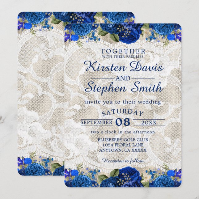 Royal Blue Gold Navy Floral Lace Rustic Wedding Invitation (Front/Back)