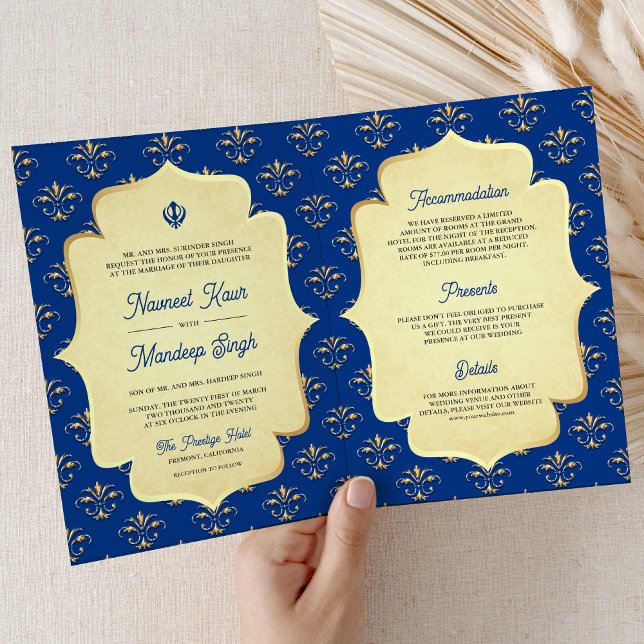 Royal Blue Gold Ornate Anand Karaj Sikh Wedding Invitation (Creator Uploaded)