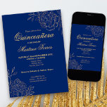 Royal Blue Gold Outline Flowers Floral Quinceanera Invitation<br><div class="desc">Part of our Gold and Dark Blue Quinceanera Collection, these elegant Quinceanera Invitations can be completely personalised with your custom details. The chic floral design features fine botanical line drawings of flowers and leaves in gold, along with classy script typography. An alternative version of this invitation is also available if...</div>