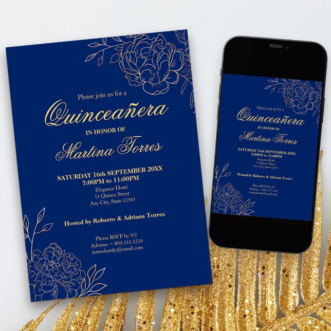Royal Blue Gold Outline Flowers Floral Quinceanera Invitation (Royal Blue and Gold Quinceanera Invitation, from my Gold Sketched Floral collection
)