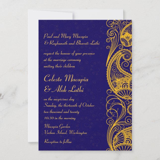 Royal Blue Gold Paisley Hindu Indian Wedding Invitation (Front)