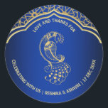 Royal blue gold peacock Indian Arabian design Gift Classic Round Sticker<br><div class="desc">Royal blue gold peacock Indian Arabian design personalised favour gift stickers.</div>