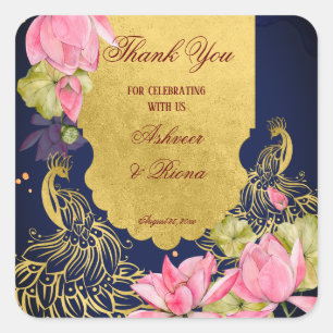 Royal blue gold peacock lotus Indian wedding Square Sticker